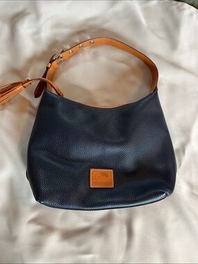 Dooney & Bourke Dark Navy Pebble Leather Shoulder Bag with Tan Trim